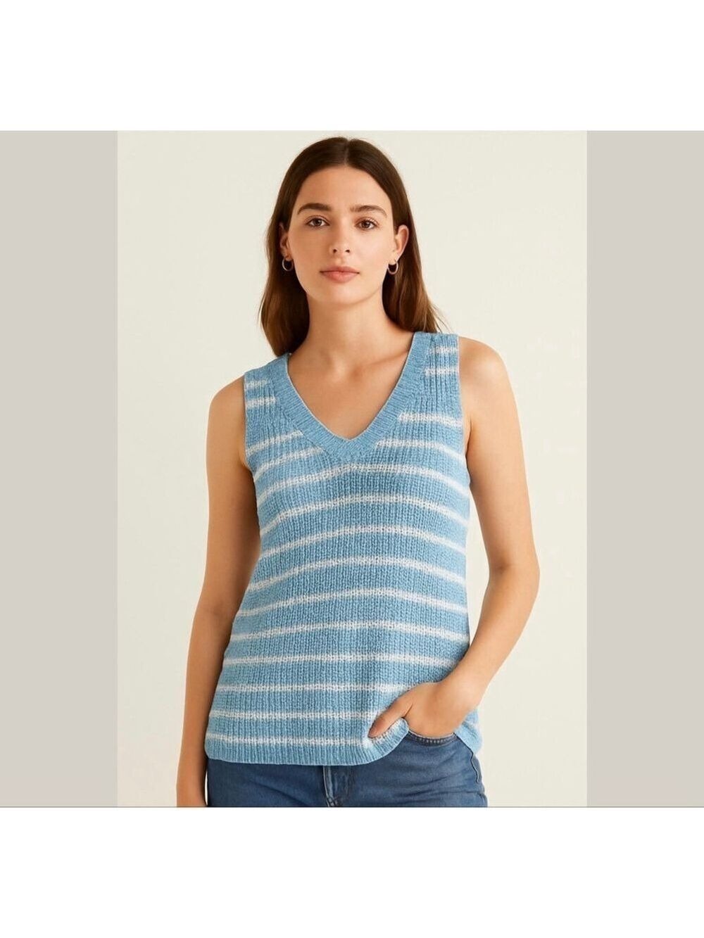 Loft Blue and White Strip Woven Knit Tank Sz Large
